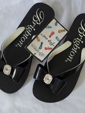 Brighton Black Bow Jeweled Flip Flop Sandals